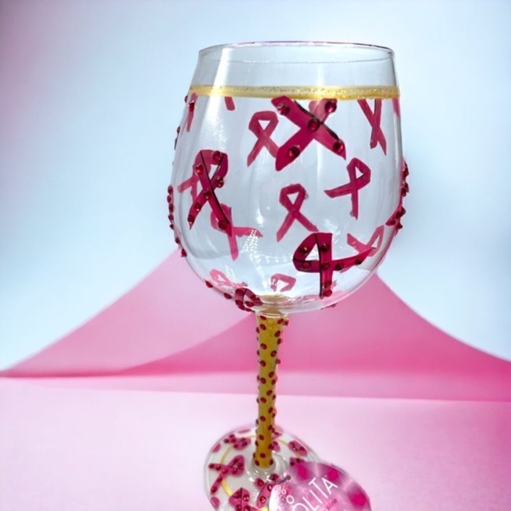 LOLITA - “Pink Ribbon* Hand-painted Gemstone Wine Glass l EUC